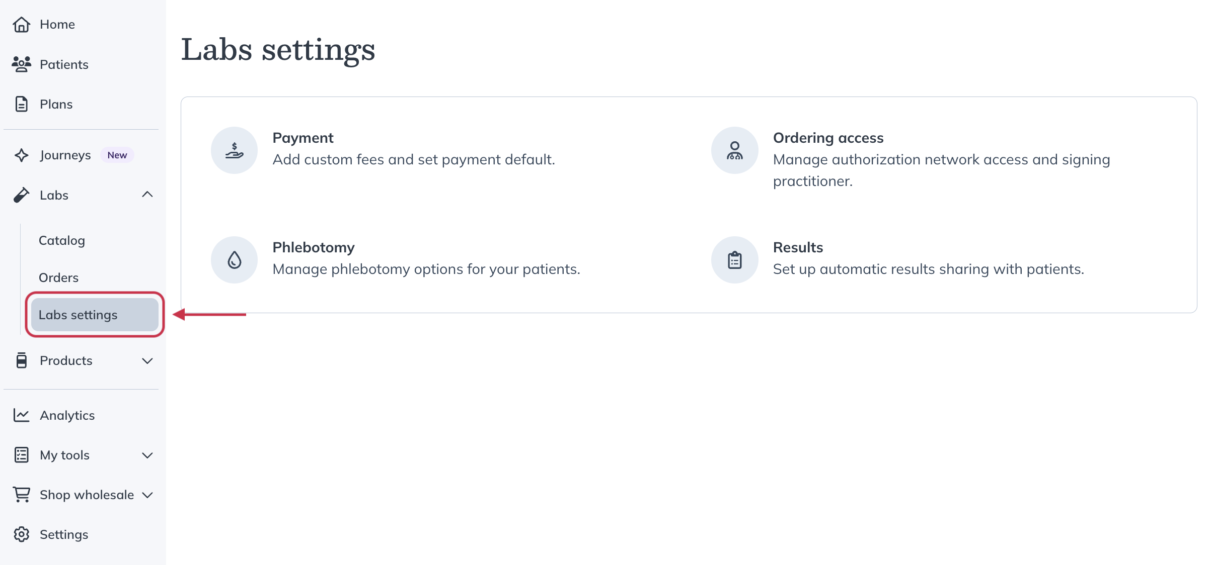 Labs settings page showing Payment, Ordering access, Phlebotomy, and Results sections.